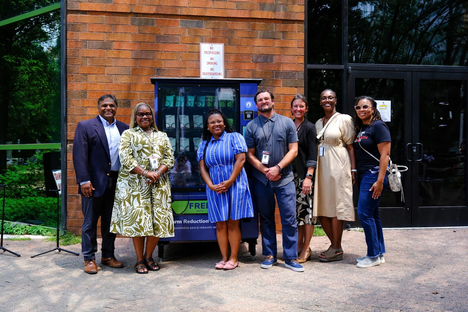 Mayor Danny Avula joins staff from the local non-profit Health Brigade, the Virginia Department of Health and the City of Richmond’s Opioid Response team in unveiling a new vending machine with free harm reduction supplies on July 30, 2025. Lifesaving projects such as this one have helped the City increase access to naloxone, fentanyl test strips, and hygiene items to support community members wherever they are on their journey. (Photo: The City of Richmond’s Office of Opioid and Substance Use Response.)